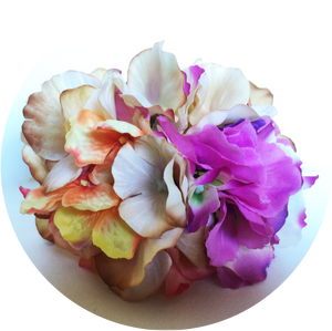 Ramillete de hortensias naranja, beig y lila